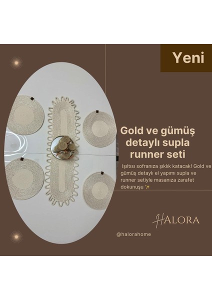 Gold ve Gümüş Parıltılı Krem Pamuk Supla ve Masa Orta Runner Takımı