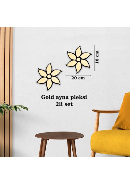 Gold Ayna Pleksi Çiçek Duvar Dekoru | Tekli, 2’li ve 3’lü Set | Mdf Üzeri Modern Duvar Süsü