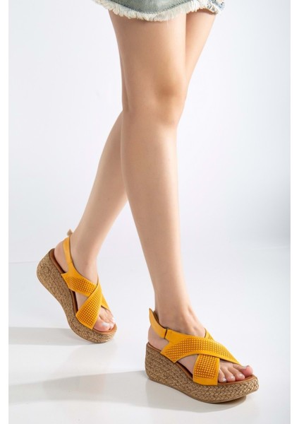 Kadın Hakiki Deri Çapraz Bantlı Cırtlı Sandalet - Oranj fiyatları