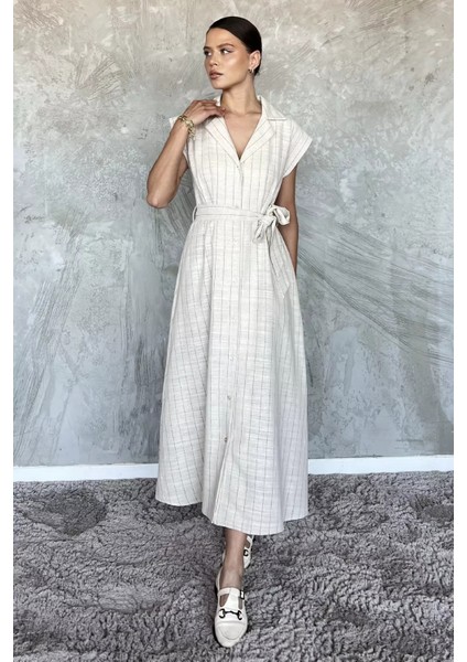 Boydan Düğmeli Bel Kuşaklı Keten Elbise P-00017594