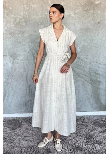 Boydan Düğmeli Bel Kuşaklı Keten Elbise P-00017594 fiyatları