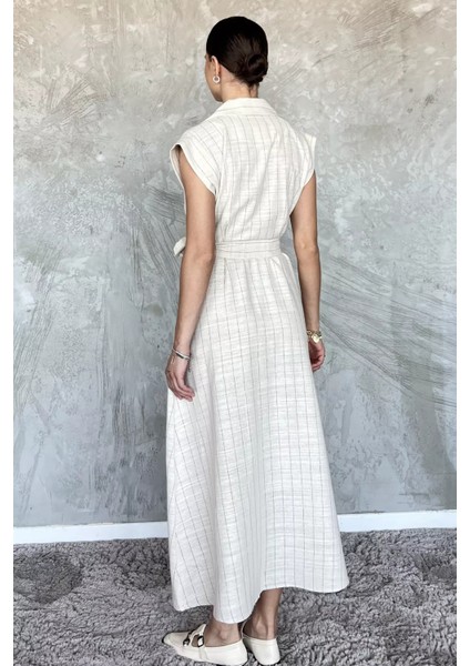 Boydan Düğmeli Bel Kuşaklı Keten Elbise P-00017594 modelleri