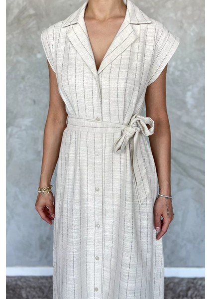 Boydan Düğmeli Bel Kuşaklı Keten Elbise P-00017594 fırsatları