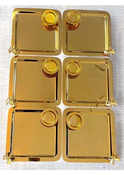 6'lı Lüks Kare Gold Kelebekli Servis Tepsisi ve Lokumluk,çay ,kahve Ikramlık Sunum Tepsisi 12'li Set