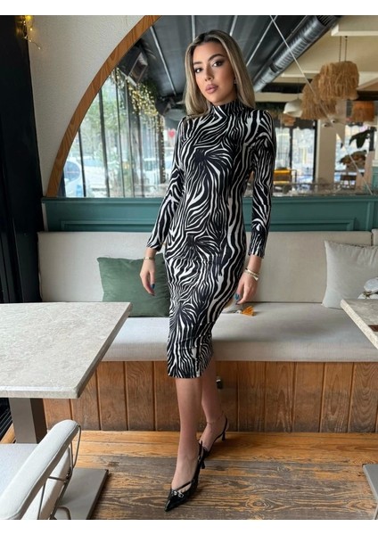 Zebra Desenli Süet Kumaş Midi Boy Elbise
