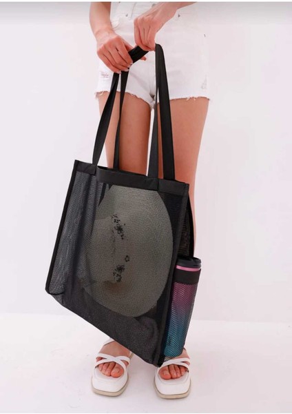 Geniş Hacimli Siyah Yazlık Deniz ve Plaj Çantası, Kum Tutmayan File Tasarımı fiyatları