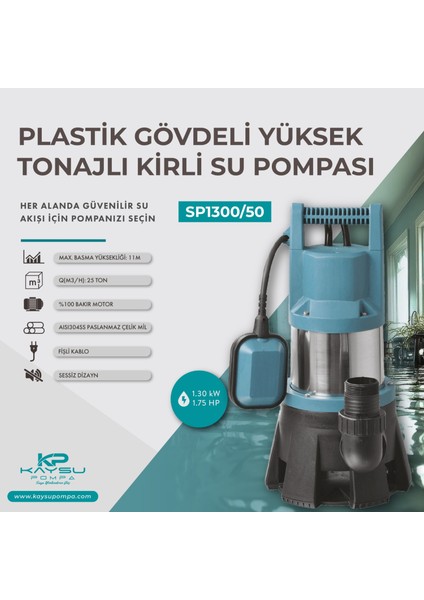 SP1300/50 Açık Fanlı Plastik Drenaj Dalgıç Su Pompası 1.3 Kw 1.75 Hp