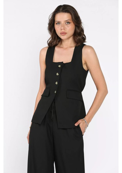 Kadın Kare Yaka Yelek Bel Lastikli Pantolon Ikili Takım P-00017527 fırsatları