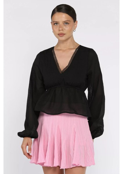 V Yaka Bel Lastikli Kadın Bluz P-00017576