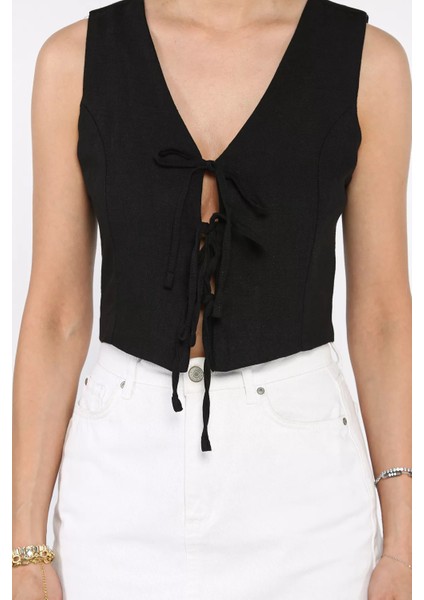 Kadın Ön Bağlamalı Astarlı Keten Yelek P-00017577 modelleri