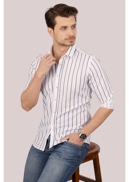 Beyaz Lacivert Çizgili Slimfit Erkek Gömlek fiyatları