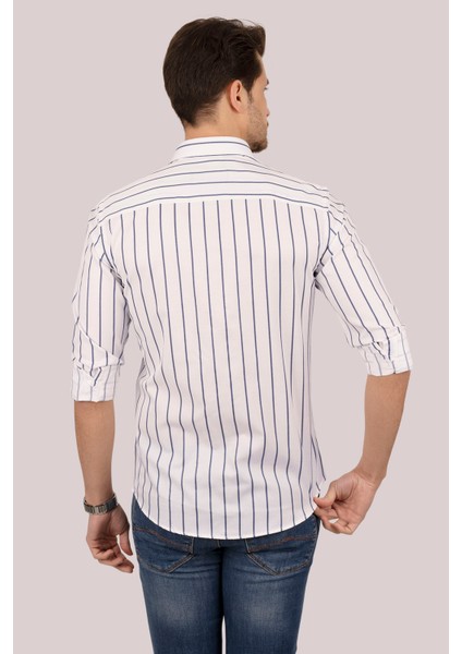 Beyaz Lacivert Çizgili Slimfit Erkek Gömlek