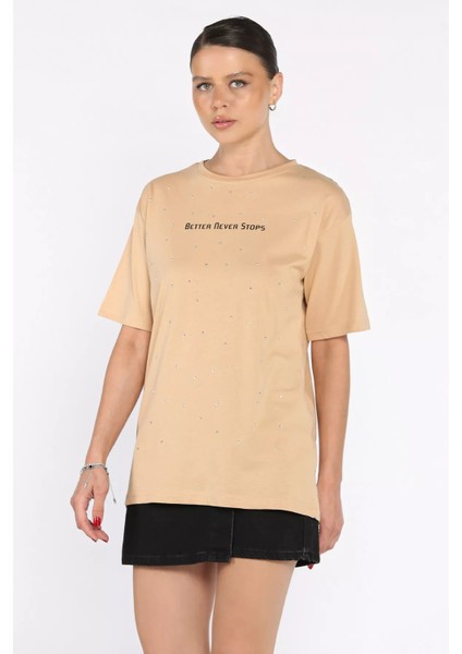 Kadın Yazı Baskılı Taşlı Bisiklet Yaka Tişört P-00017582