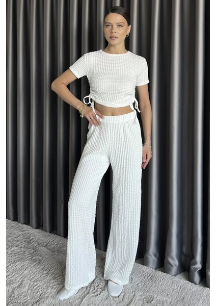 Kadın Kendinden Desenli Yan Büzgülü Bluz Pantolon Ikili Takım P-00017568