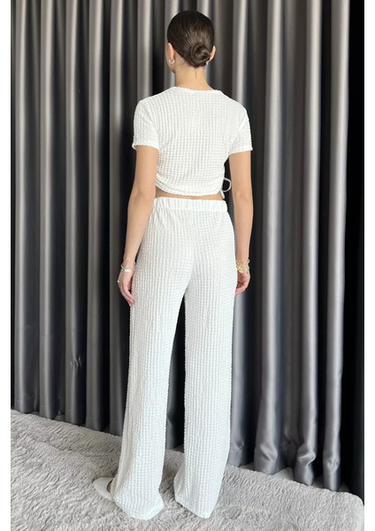 Kadın Kendinden Desenli Yan Büzgülü Bluz Pantolon Ikili Takım P-00017568 modelleri