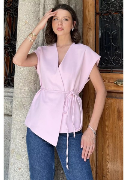 Kadın Kruvaze Yaka Bel Bağlama Detaylı Astarlı Yelek P-00017526