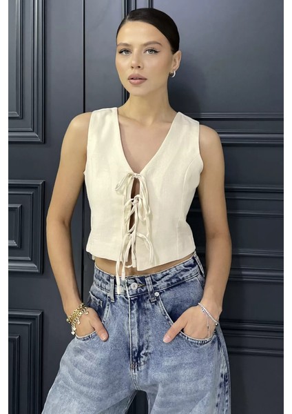 Kadın Ön Bağlamalı Astarlı Keten Yelek P-00017577