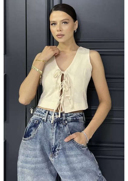 Kadın Ön Bağlamalı Astarlı Keten Yelek P-00017577 fiyatları