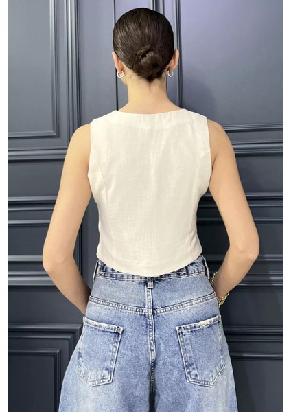 Kadın Ön Bağlamalı Astarlı Keten Yelek P-00017577 modelleri