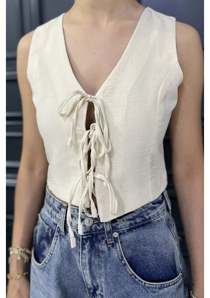Kadın Ön Bağlamalı Astarlı Keten Yelek P-00017577 fırsatları