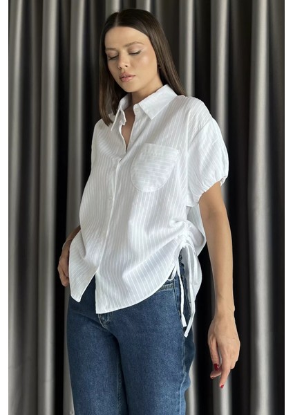 Kadın Çizgi Desenli Cepli Kısa Kol Gömlek P-00017578 fiyatları