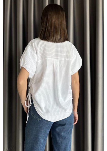 Kadın Çizgi Desenli Cepli Kısa Kol Gömlek P-00017578 modelleri