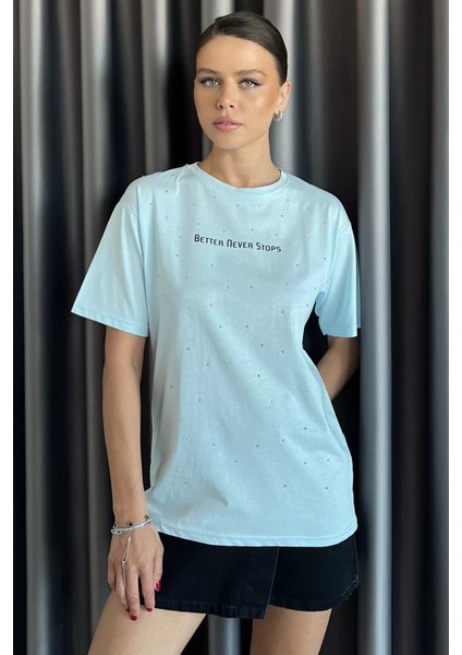 Kadın Yazı Baskılı Taşlı Bisiklet Yaka Tişört P-00017582