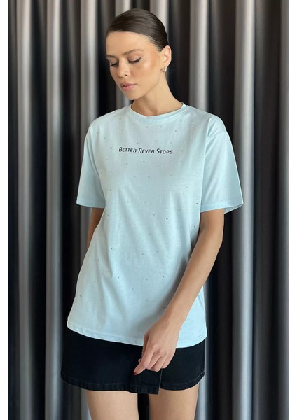 Kadın Yazı Baskılı Taşlı Bisiklet Yaka Tişört P-00017582 fiyatları