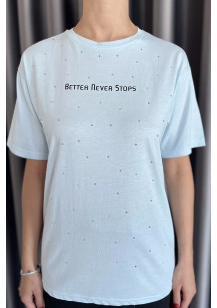 Kadın Yazı Baskılı Taşlı Bisiklet Yaka Tişört P-00017582 fırsatları