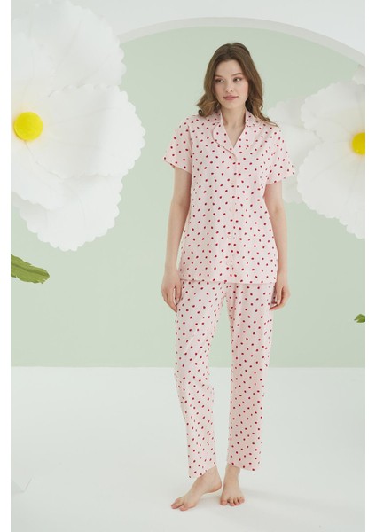 %100 Pamuklu Pembe Çilekli Gömlek Pijama Takım