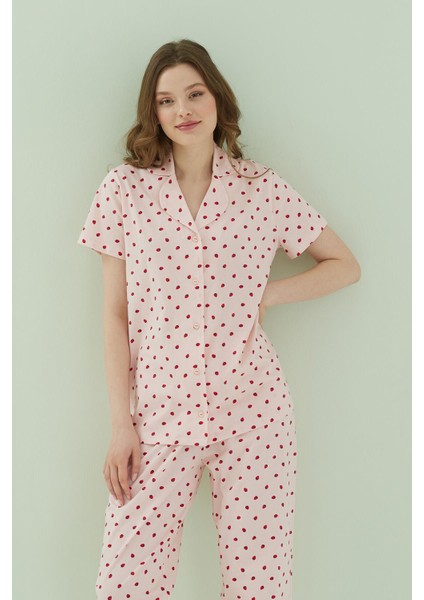 %100 Pamuklu Pembe Çilekli Gömlek Pijama Takım