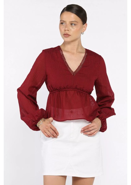 V Yaka Bel Lastikli Kadın Bluz P-00017576