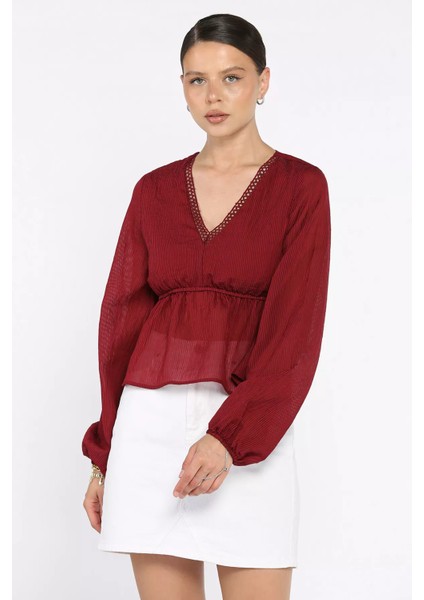 V Yaka Bel Lastikli Kadın Bluz P-00017576