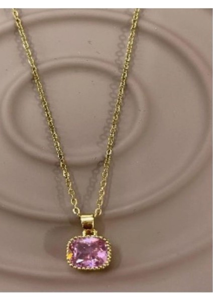 Kare Pembe Zirkon Taşlı Gold Renk Çelik Kolye