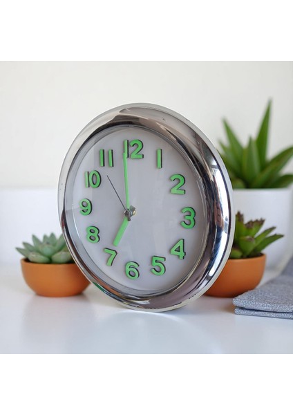 Fosforlu Kromaj Metalik Gümüş Görünümlü Küçük Duvar Saati Çap 25 cm Beyaz