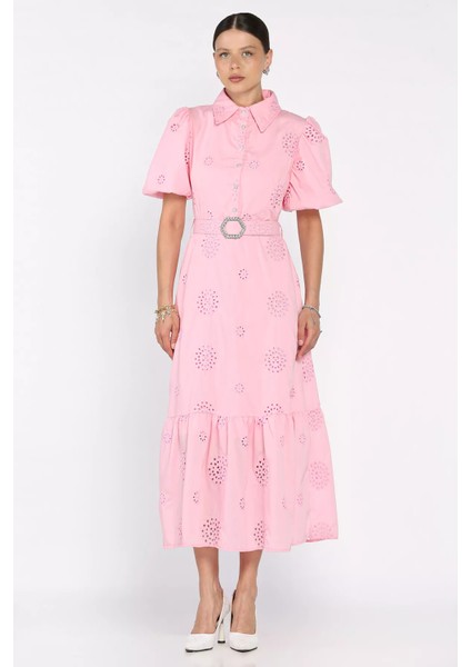 Kadın Kemer Detaylı Balon Kol Brode Elbise P-00017501