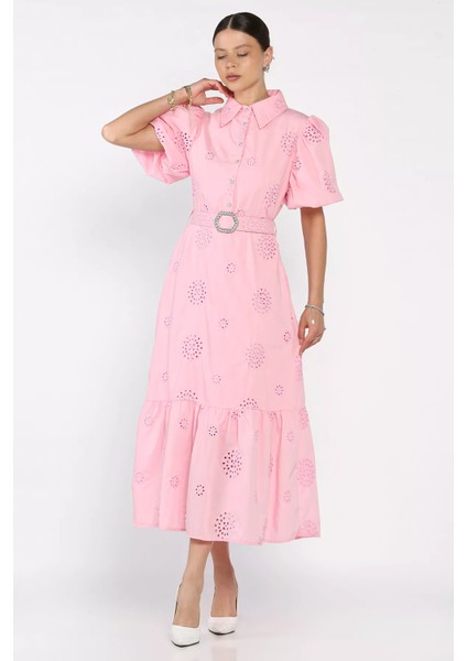 Kadın Kemer Detaylı Balon Kol Brode Elbise P-00017501 fiyatları