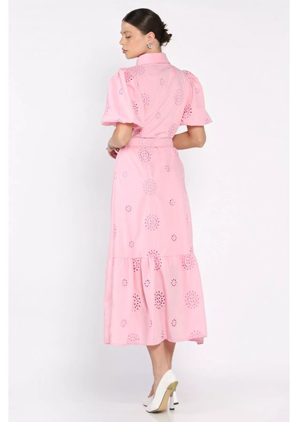 Kadın Kemer Detaylı Balon Kol Brode Elbise P-00017501 modelleri