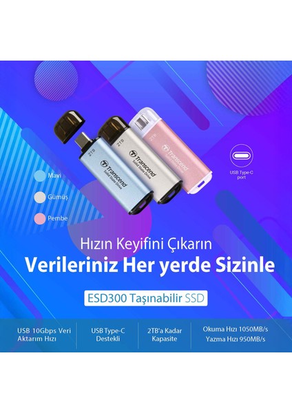 Usb/type-C 10GBPS 1050/950MB/S Taşınabilir Harici SSD - Mavi fiyatları