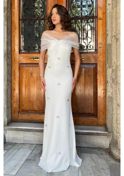 Tül Detaylı Taşlı Straplez Abiye Elbise P-00017508