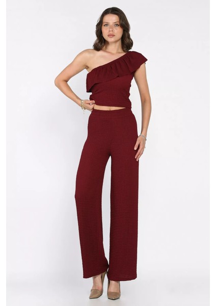 Kadın Kendinden Desenli Tek Omuz Bluz Pantolon Ikili Takım P-00017532