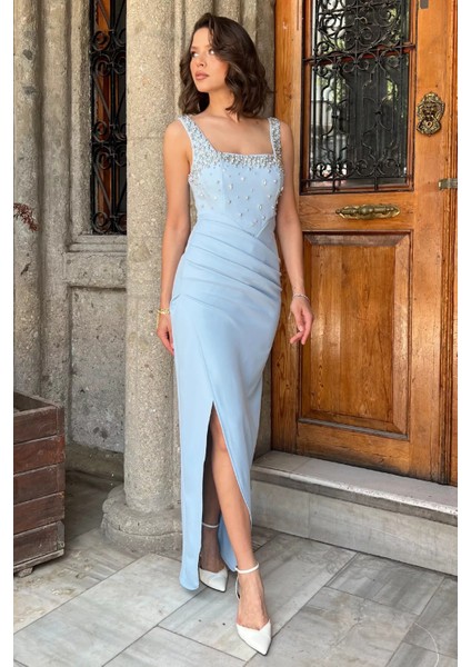Kadın Taşlı Drapeli Abiye Elbise P-00017510