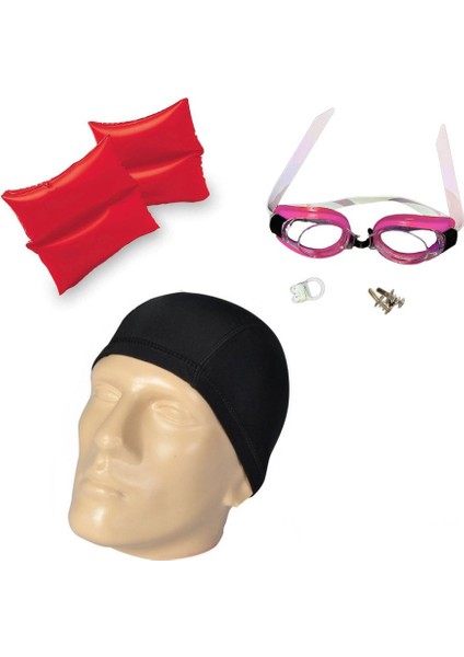Pembe Çocuk Yüzücü Seti, Kolluk, Bone, Gözlük ve Tıkacı, 6-12 Yaş