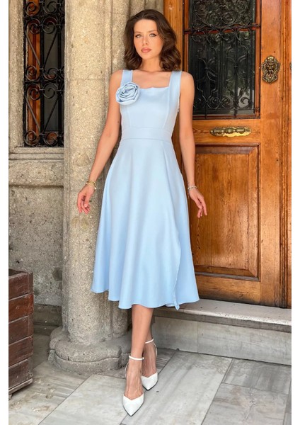 Kare Yaka Güllü Yan Yırtmaçlı Sıfır Kol Kiloş Elbise P-00017485 fiyatları