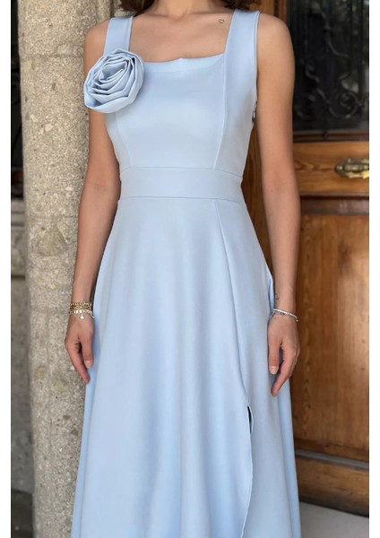 Kare Yaka Güllü Yan Yırtmaçlı Sıfır Kol Kiloş Elbise P-00017485 indirimleri