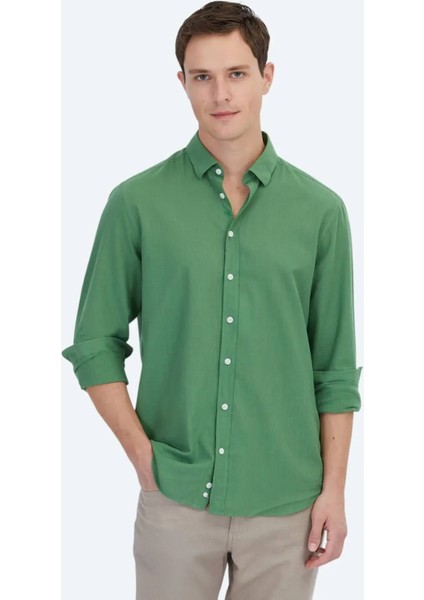 Fıstık Yeşili Düz Dokuma Casual %100 Pamuk Gömlek