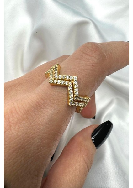 Özel Seri Çift Görünüm Zikzak Model Zirkon Taşlı Ayarlanabilir Kadın Tasarım Çelik Yüzük