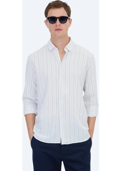 Mavi Çizgili Regular Fit Dokuma Casual %100 Pamuk Gömlek