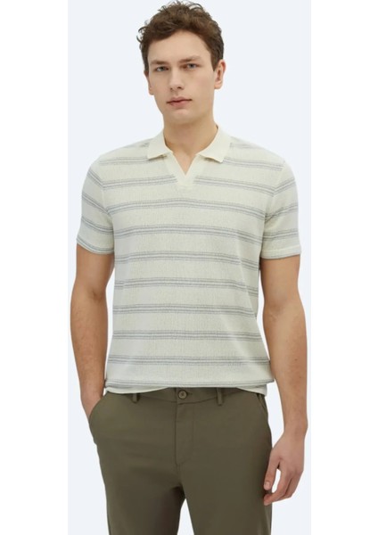 Gri Çizgili Polo Yaka Pamuk Karışımlı T-Shirt