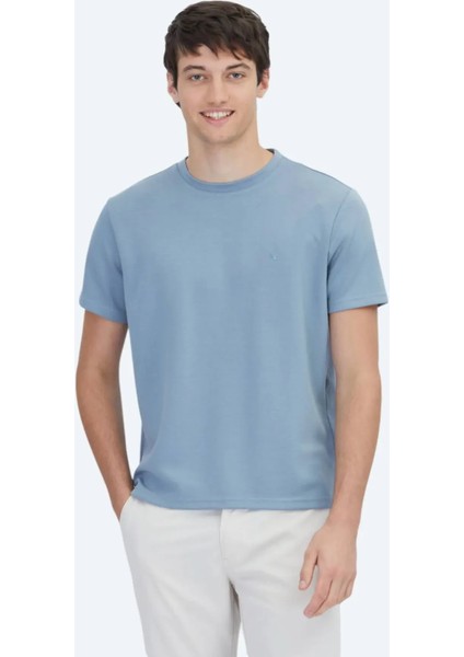 Mavi Düz Bisiklet Yaka T-Shirt